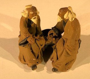 Miniature Ceramic Figurine  Two Men Sitting on Bench - 2"  Unglazed - Culture Kraze Marketplace.com