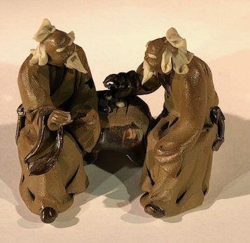 Ceramic Figurine Two Mud Men Sitting On A Bench Playing Chess - 2.5" - Culture Kraze Marketplace.com