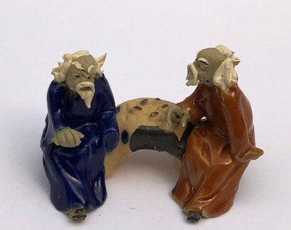 Ceramic Figurine Two Men Sitting On A Bench - 2" Playing Chess Color: Blue & Orange - Culture Kraze Marketplace.com