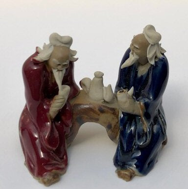 Ceramic Figurine Two Men Sitting On A Bench Drinking Tea 2.25" Color: Blue & Red - Culture Kraze Marketplace.com