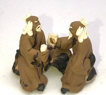 Miniature Ceramic Figurine Two Mud Men Sitting On A Bench Drinking Tea - 1.5" - Culture Kraze Marketplace.com