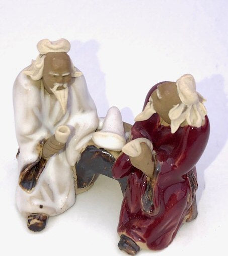 Ceramic Figurine Two Men Sitting On A Bench - 2" Color: Red & White - Culture Kraze Marketplace.com