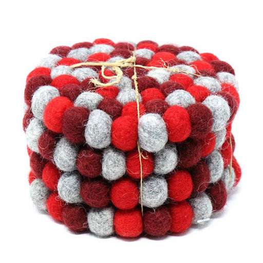 Hand Crafted Felt Ball Coasters from Nepal: 4-pack, Chakra Reds - Global Groove (T) - Culture Kraze Marketplace.com