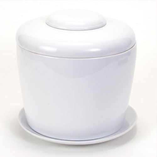White Porcelain Ceramic Bonsai Cremation Urn with Matching Humidity / Drip Tray Round, 9” high and 9” in diameter - Culture Kraze Marketplace.com