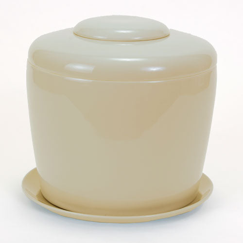 Beige Porcelain Ceramic Bonsai Cremation Urn with Matching Humidity / Drip Tray Round, 9” high and 9” in diameter - Culture Kraze Marketplace.com