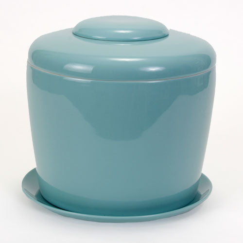Celadon Blue Porcelain Ceramic Bonsai Cremation Urn with Matching Humidity / Drip Tray Round, 9” high and 9” in diameter - Culture Kraze Marketplace.com