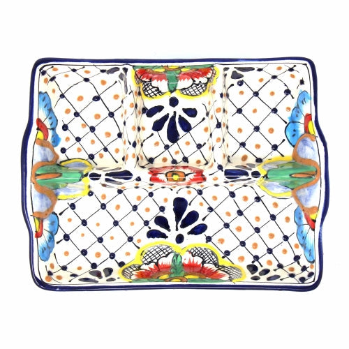 Handmade Pottery 9" Divided Platter, Dots & Flowers - Encantada - Culture Kraze Marketplace.com