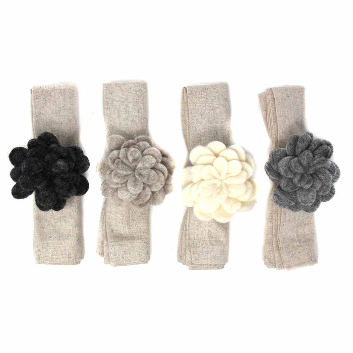 Handcrafted Felt: Set of 4 Napkin Rings, Assorted Neutral Color Zinnias - Culture Kraze Marketplace.com