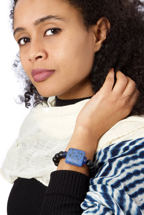 Ghanaian Recycled Glass Plank Bead Bracelet in Blue and Black - Culture Kraze Marketplace.com