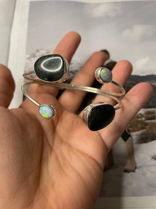 Navajo Black Onyx And Opal Sterling Silver Cuff Bracelet Signed