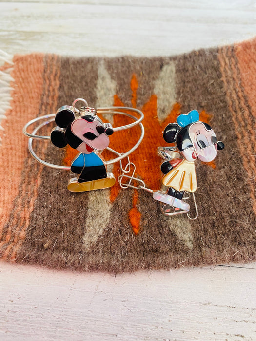 Zuni Sterling Silver & Multi Stone Mickey and Minnie Hand Chain Bracelet