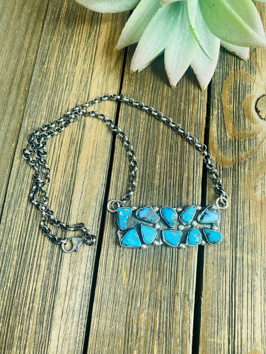 Zuni Sterling Silver & Kingman Turquoise Cluster Bar Necklace by Jude Candelaria