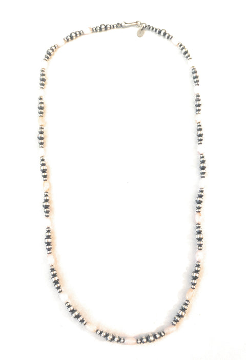 Sterling Silver Navajo Pearl & Pink Opal Beaded Necklace 24 inch - Culture Kraze Marketplace.com
