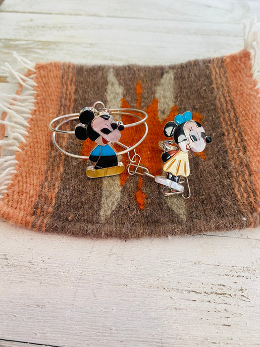 Zuni Sterling Silver & Multi Stone Mickey and Minnie Hand Chain Bracelet