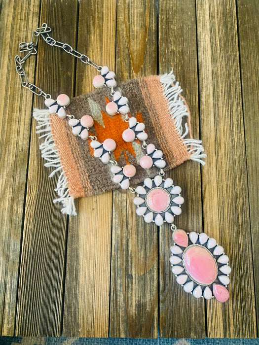 Navajo Queen Pink Conch Shell And Sterling Silver Cluster Necklace