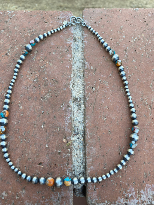 Navajo Turquoise & Spiny Spice Sterling Silver Beaded Necklace 18 inch - Culture Kraze Marketplace.com