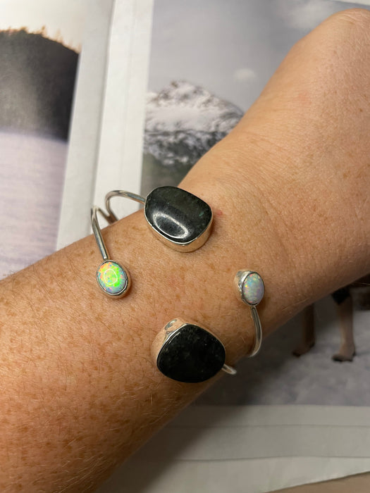 Navajo Black Onyx And Opal Sterling Silver Cuff Bracelet Signed