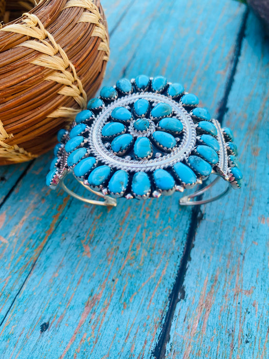 Navajo Kingman Turquoise & Sterling Silver Cluster Bracelet Cuff