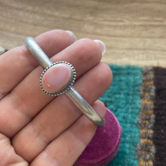 Navajo Pink Conch & Sterling Silver Adjustable Oval Cuff Bracelet Signed