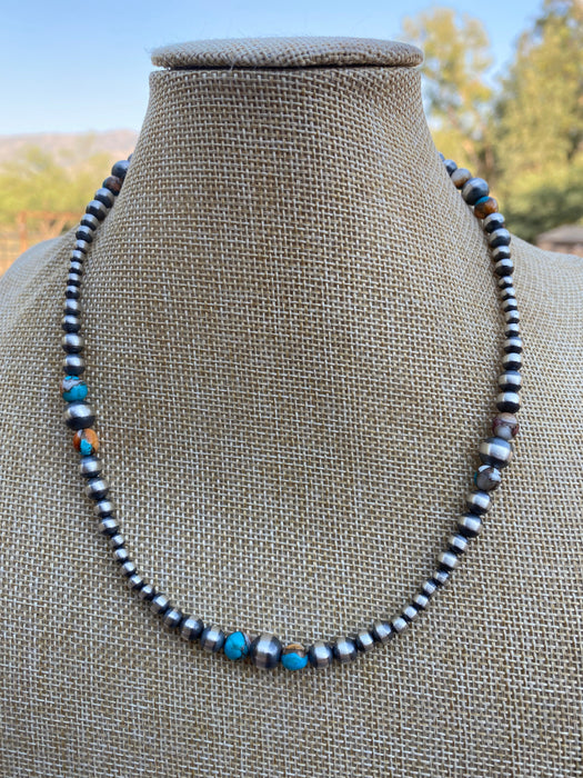 Navajo Turquoise & Spiny Spice Sterling Silver Beaded Necklace 18 inch - Culture Kraze Marketplace.com