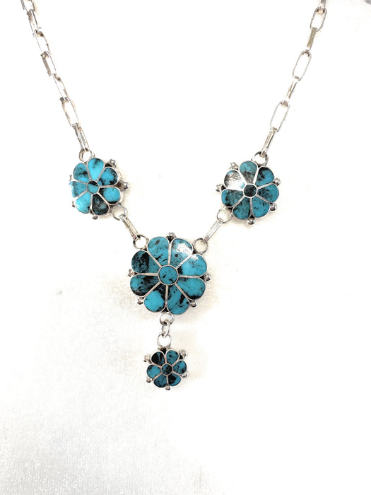 Zuni Sterling Silver & Turquoise Flower Necklace Earrings Set Signed