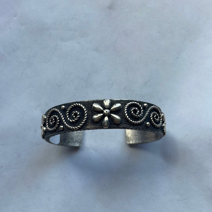 Navajo Sterling Silver Flower Swirl Bracelet Cuff Signed