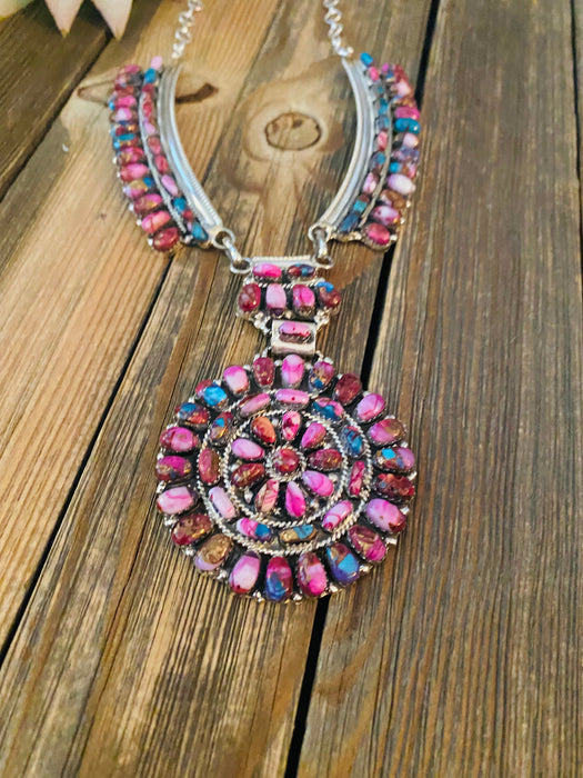 Navajo Sterling Silver & Pink Dream Mohave Cluster Necklace Signed