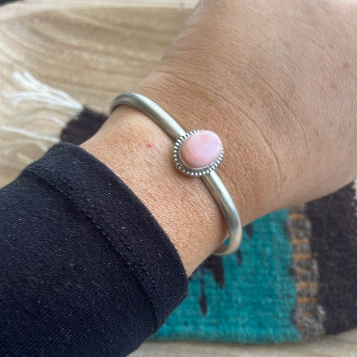 Navajo Pink Conch & Sterling Silver Adjustable Oval Cuff Bracelet Signed