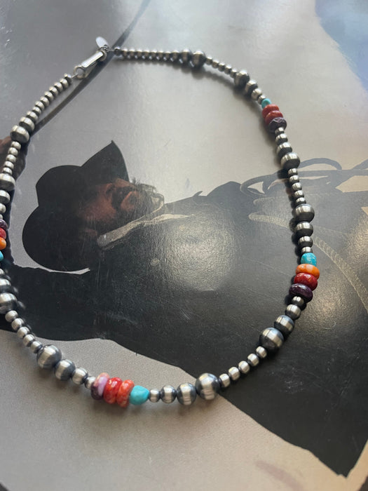 Navajo Sterling Silver & Multi Stone Beaded Necklace 14”