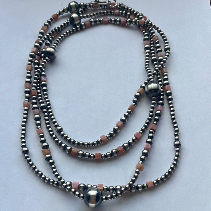 Navajo Pink Conch & Sterling Silver Beaded Necklace 72” - Culture Kraze Marketplace.com