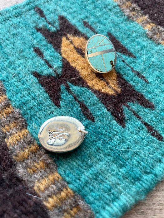 Navajo Number 8 Turquoise Inlay & Sterling Silver Post Earrings Signed - Culture Kraze Marketplace.com