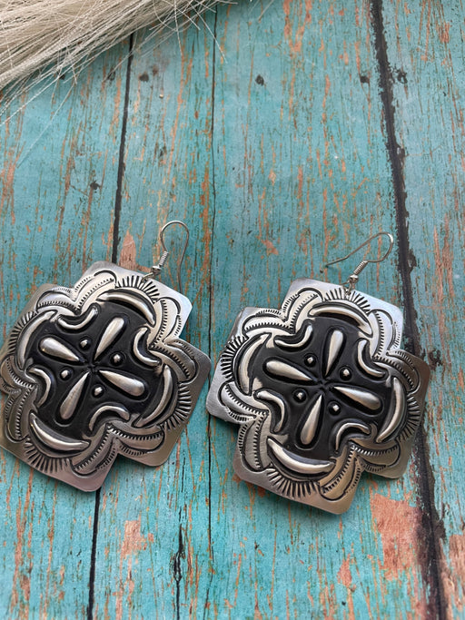 Navajo Sterling Silver Concho Cross Earrings By L Tahe - Culture Kraze Marketplace.com