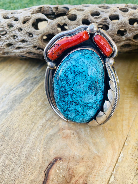 Incredible Navajo Handmade Bisbee Turquoise, Coral & Sterling Silver Jumbo Cuff Bracelet