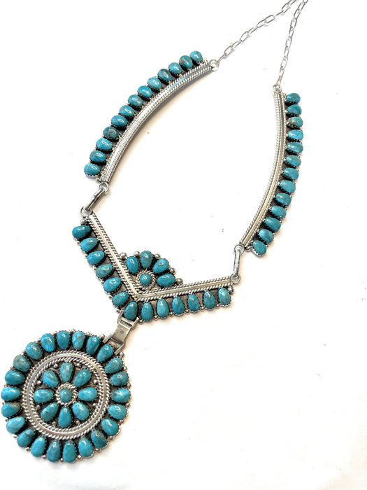 Navajo Sterling Silver And Natural Kingman Turquoise Necklace Signed