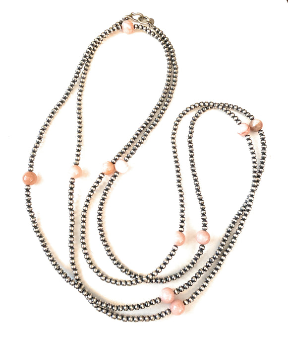 Navajo Sterling Silver Pearl & Pink Opal Beaded Necklace 72 inch - Culture Kraze Marketplace.com