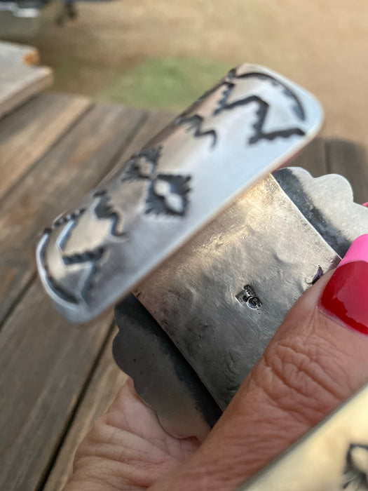 Navajo Wild Horse & Sterling Silver Cuff Bracelet Signed Chimney Butte