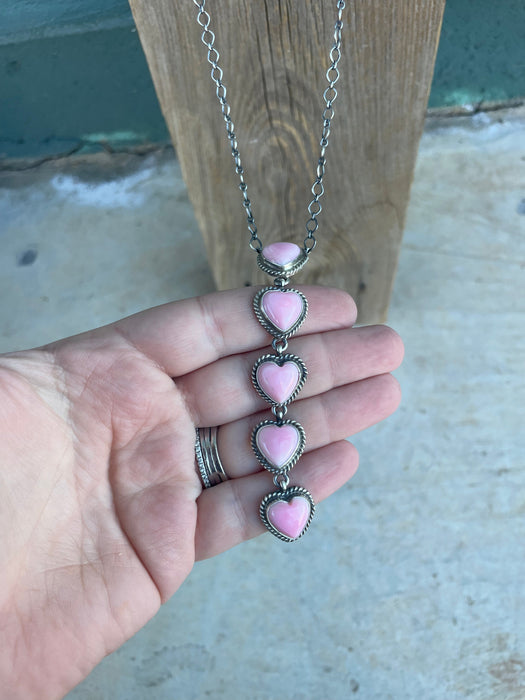 Navajo Queen Pink Conch Shell And Sterling Silver Drop 5 Heart Necklace Signed