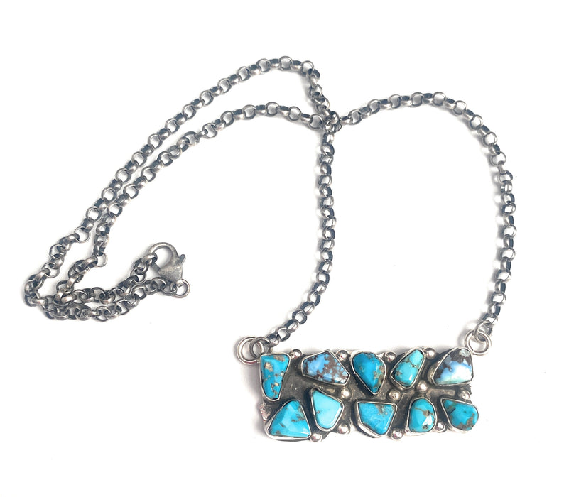 Zuni Sterling Silver & Kingman Turquoise Cluster Bar Necklace by Jude Candelaria