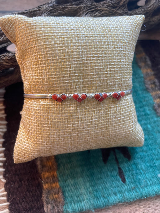 Zuni Sterling Silver & Coral Heart Adjustable Cuff Bracelet
