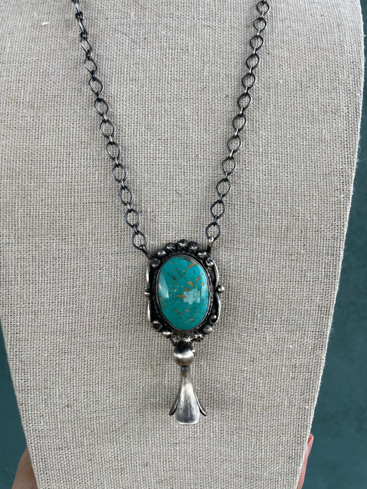 Navajo Sterling Silver And Turquoise Blossom Necklace Signed