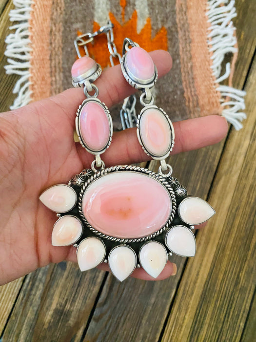 Navajo Queen Pink Conch Shell And Sterling Silver Cluster Necklace