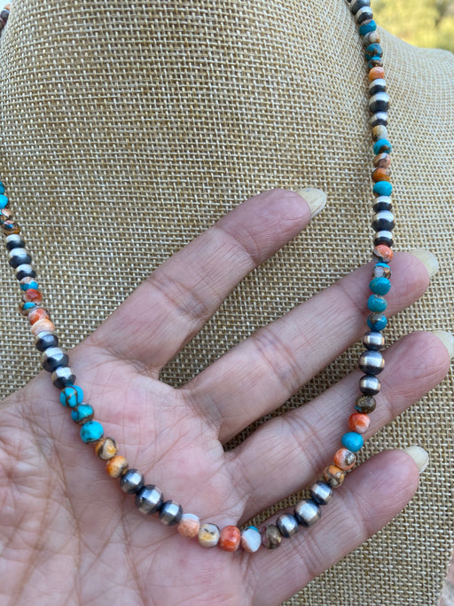 Navajo Turquoise & Spiny Spice Sterling Silver Beaded Necklace 20 inch - Culture Kraze Marketplace.com