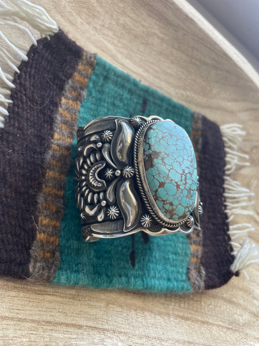 Navajo Sterling Silver & Number 8 Turquoise Cuff Bracelet Signed