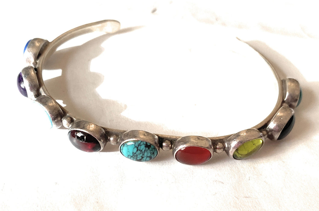 Navajo Old Pawn Vintage Multi Stone & Sterling Silver Inlay Cuff Bracelet