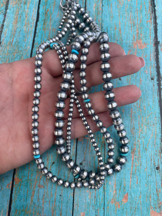 Navajo Turquoise And Sterling 3 Strand Beaded Necklace 20Inch