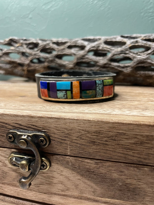 Navajo Multi Stone Inlay And Sterling Silver Leather Bracelet
