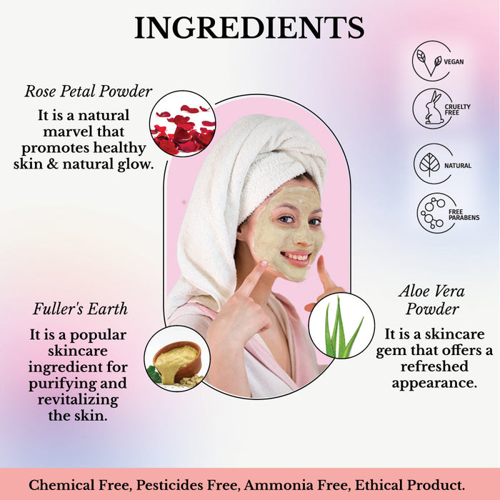 Face Glow Face Mask Powder Kit- Fuller’s Earth w/ Rose & Aloe Vera- 12 Individual Sachets of Multani Mitti (10 gm each)- Reusable Brush & Tray Included-3