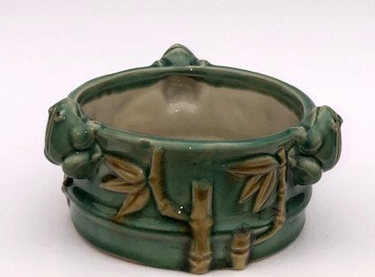 Light Green Ceramic Bonsai Pot - Round Attached Frogs & Bamboo Shoot Design 5.5" x 5.5" x 3.0" - Culture Kraze Marketplace.com
