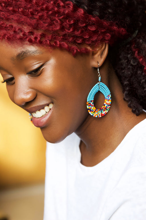 Sky Blue and Rainbow Maasai Celebration Circle Earrings - Culture Kraze Marketplace.com