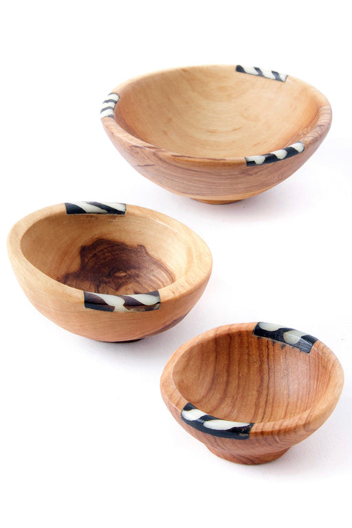 Set of Three Small Wild Olive Wood and Bone Bowls - Culture Kraze Marketplace.com